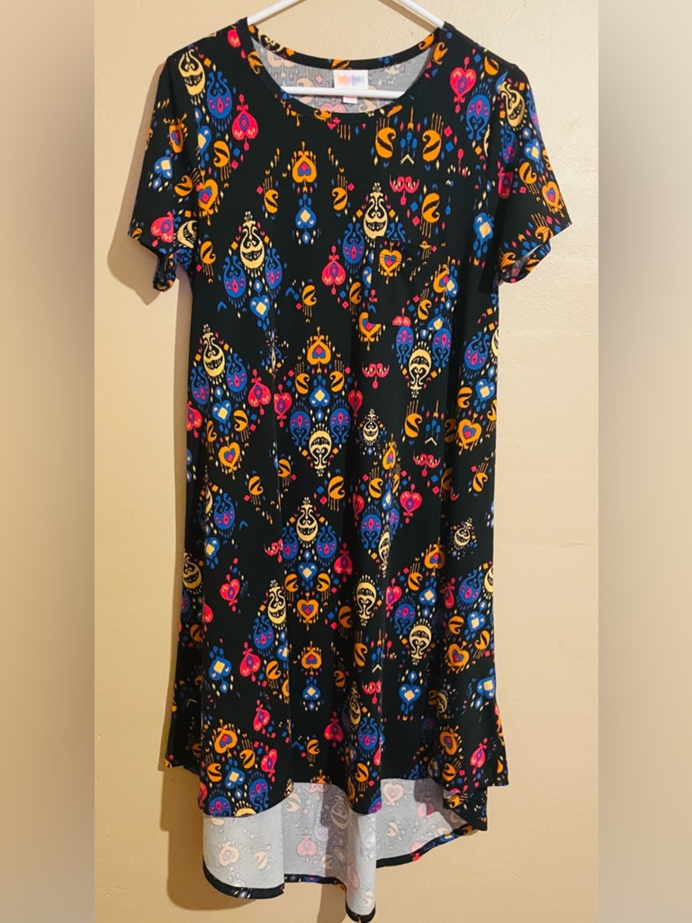 LuLaRoe Black Dress with Bright Yellow, Blue, Pink, and Cream Ikat Motif